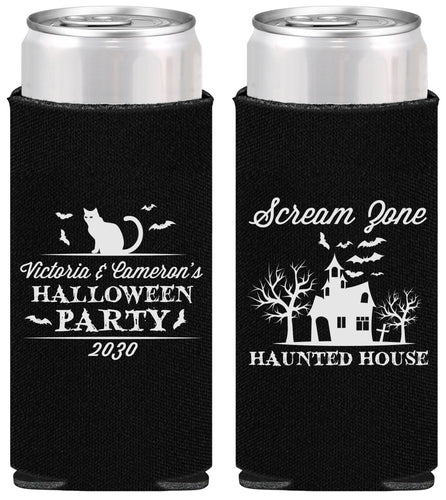 Personalized Halloween Slim Can Coolers - Haunted House | 250071