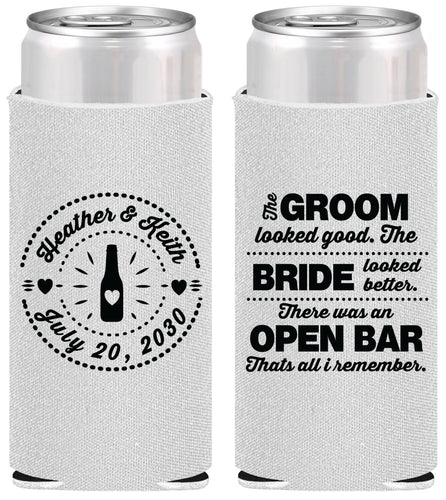Personalized Wedding Slim Can Coolers - Groom Bride Open Bar | 253