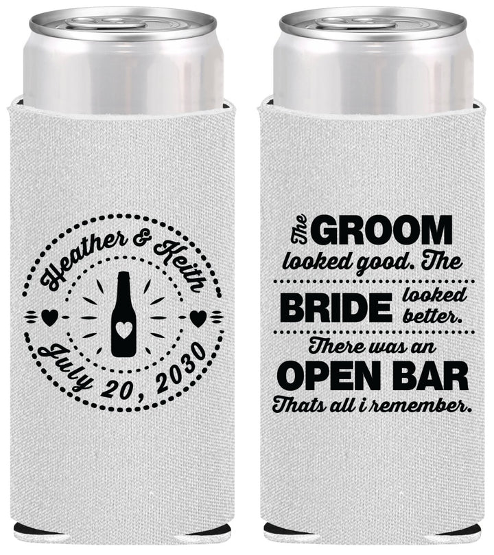 Personalized Wedding Slim Can Coolers - Groom Bride Open Bar | 253