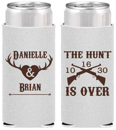 Personalized Wedding Slim Can Coolers - The Hunt Is Ove | 258