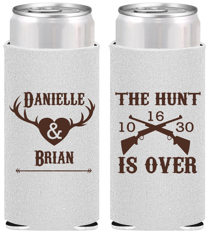 Personalized Wedding Slim Can Coolers - The Hunt Is Ove | 258