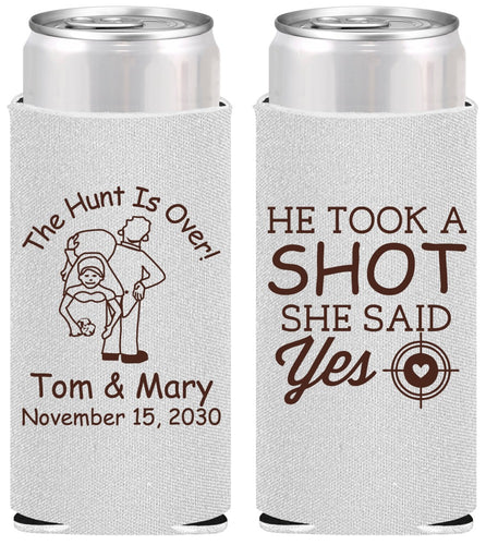 Personalized Wedding Slim Can Coolers - He Took A Shot She Said Yes | 259