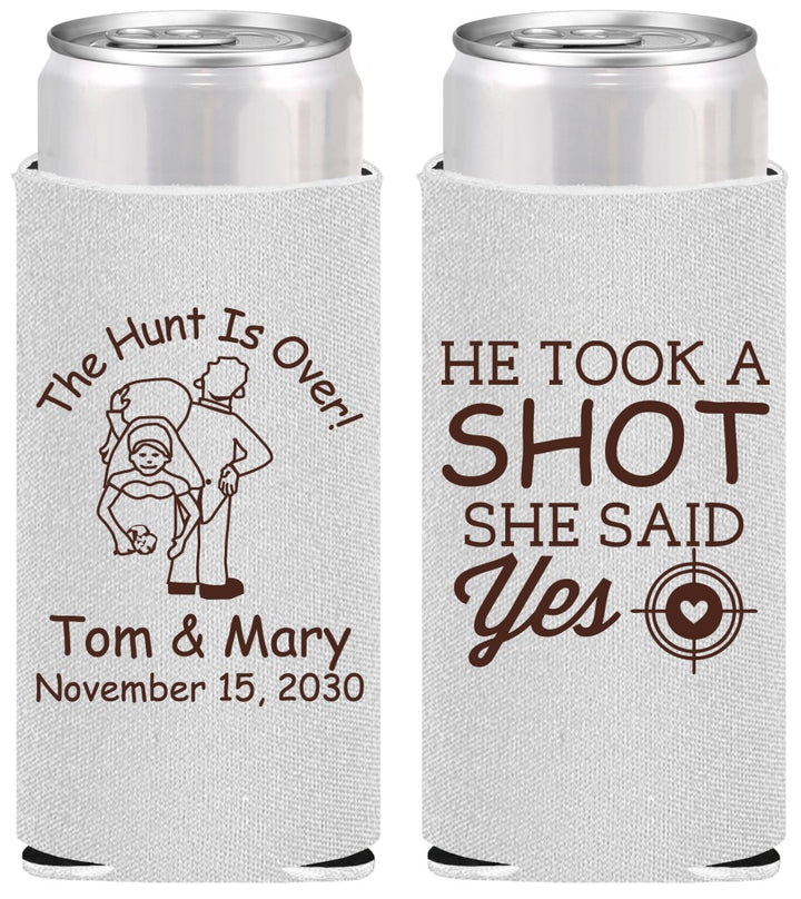 Personalized Wedding Slim Can Coolers - He Took A Shot She Said Yes | 259