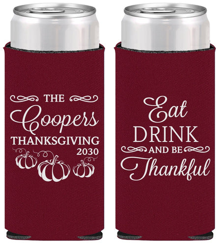 Personalized Thanksgiving Slim Can Coolers - Eat Drink Thankful | 260009