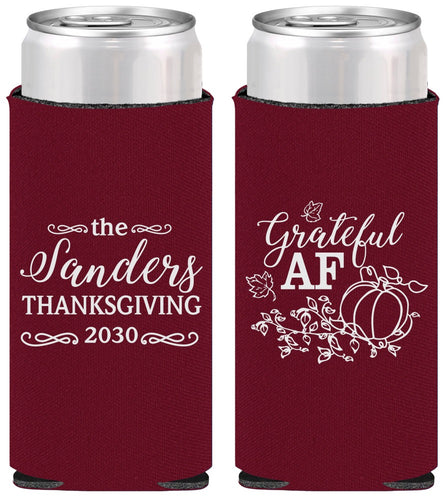 Personalized Thanksgiving Slim Can Coolers - Grateful Af | 260017