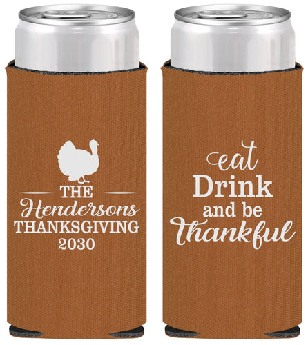 Personalized Thanksgiving Slim Can Coolers - Eat Drink Thankful | 260036