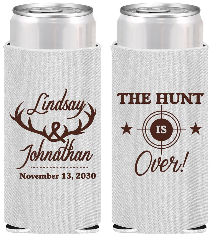 Personalized Wedding Slim Can Coolers - The Hunt Is Over | 266