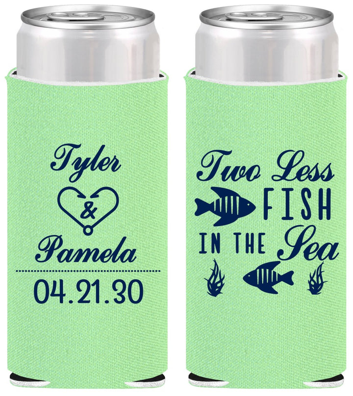 Personalized Wedding Slim Can Coolers - Two Less Fish In The Sea | 270