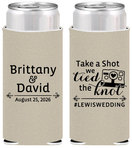 Personalized Wedding Slim Can Coolers - Take A Shot We Tied The Knot | 277
