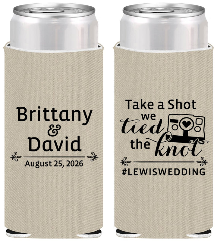 Personalized Wedding Slim Can Coolers - Take A Shot We Tied The Knot | 277