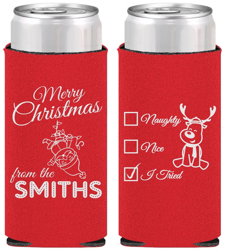 Personalized Christmas Slim Can Coolers - Naughty Or Nice | 280004
