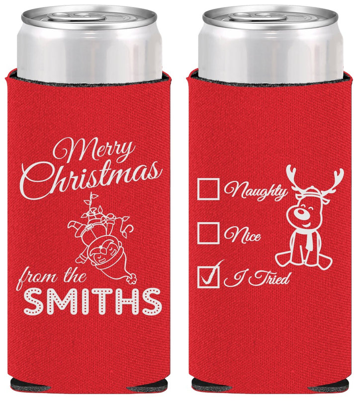 Personalized Christmas Slim Can Coolers - Naughty Or Nice | 280004