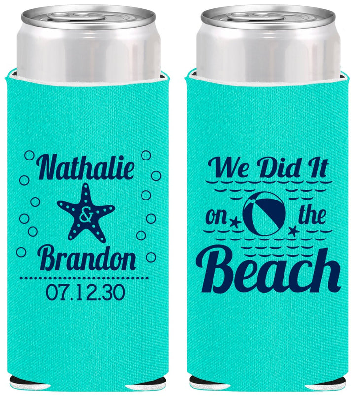 Personalized Wedding Slim Can Coolers - We Did It On The Beach | 287