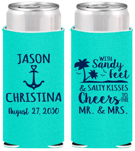 Personalized Wedding Slim Can Coolers - Sandy Feet Salty Kisses | 290