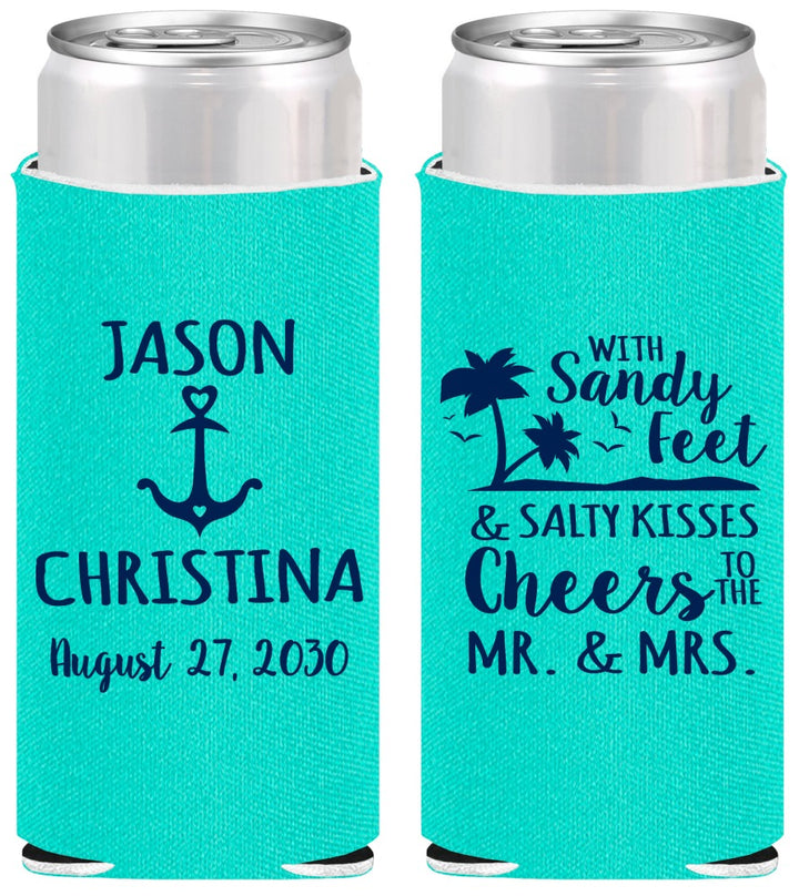 Personalized Wedding Slim Can Coolers - Sandy Feet Salty Kisses | 290