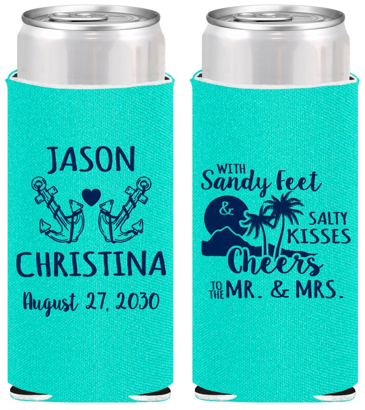 Personalized Wedding Slim Can Coolers - Sandy Feet Salty Kisses | 291