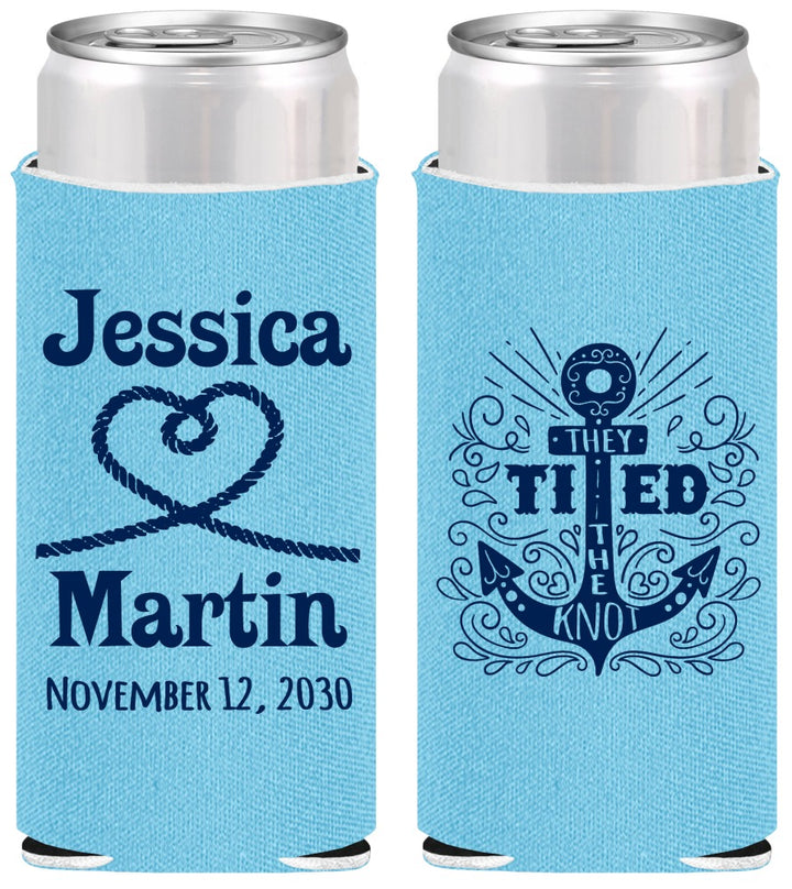 Personalized Wedding Slim Can Coolers - They Tied The Knot Nautical | 293