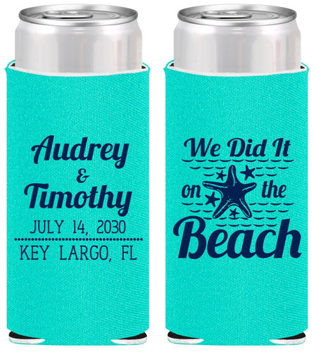 Personalized Wedding Slim Can Coolers - We Did It On The Beach | 294