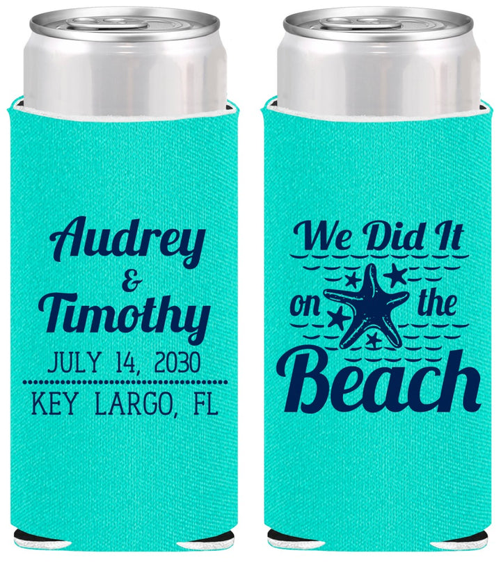 Personalized Wedding Slim Can Coolers - We Did It On The Beach | 294
