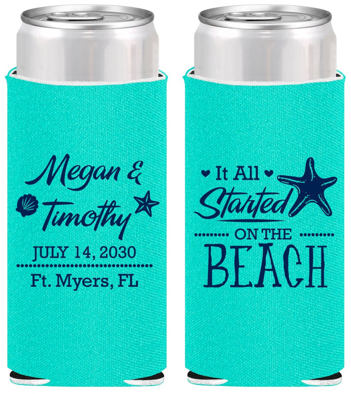 Personalized Wedding Slim Can Coolers - Started On The Beach | 295