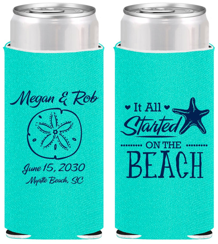 Personalized Wedding Slim Can Coolers - Started On The Beach | 298