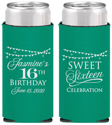 Personalized 16th Birthday Slim Can Coolers - String Lights | 300009