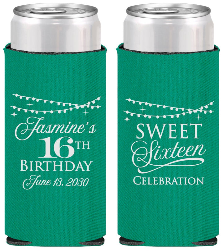 Personalized 16th Birthday Slim Can Coolers - String Lights | 300009
