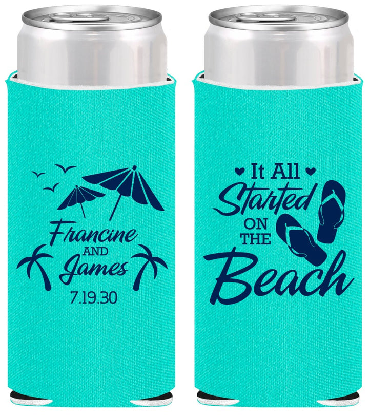 Personalized Wedding Slim Can Coolers - Started On The Beach | 310