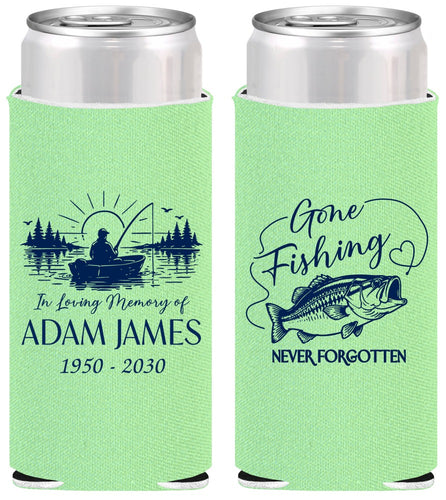 Personalized Memorial Slim Can Coolers - Gone Fishing | 310024