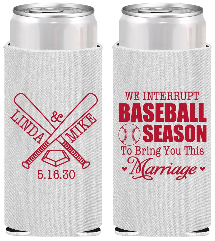 Personalized Wedding Slim Can Coolers - We Interrupt Baseball | 313