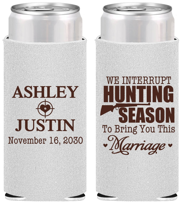 Personalized Wedding Slim Can Coolers - We Interrupt Hunting | 316