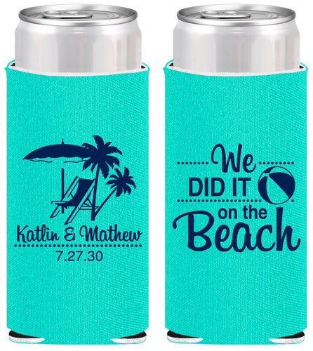 Personalized Wedding Slim Can Coolers - We Did It On The Beach | 317
