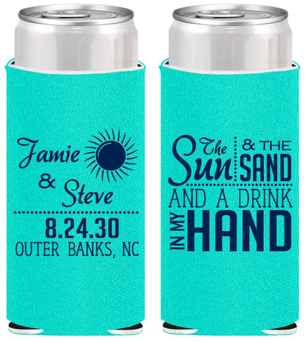 Personalized Wedding Slim Can Coolers - Sun Sand Drink In My Hand | 319