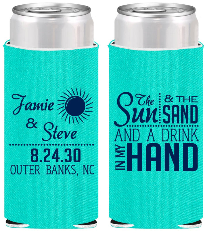Personalized Wedding Slim Can Coolers - Sun Sand Drink In My Hand | 319