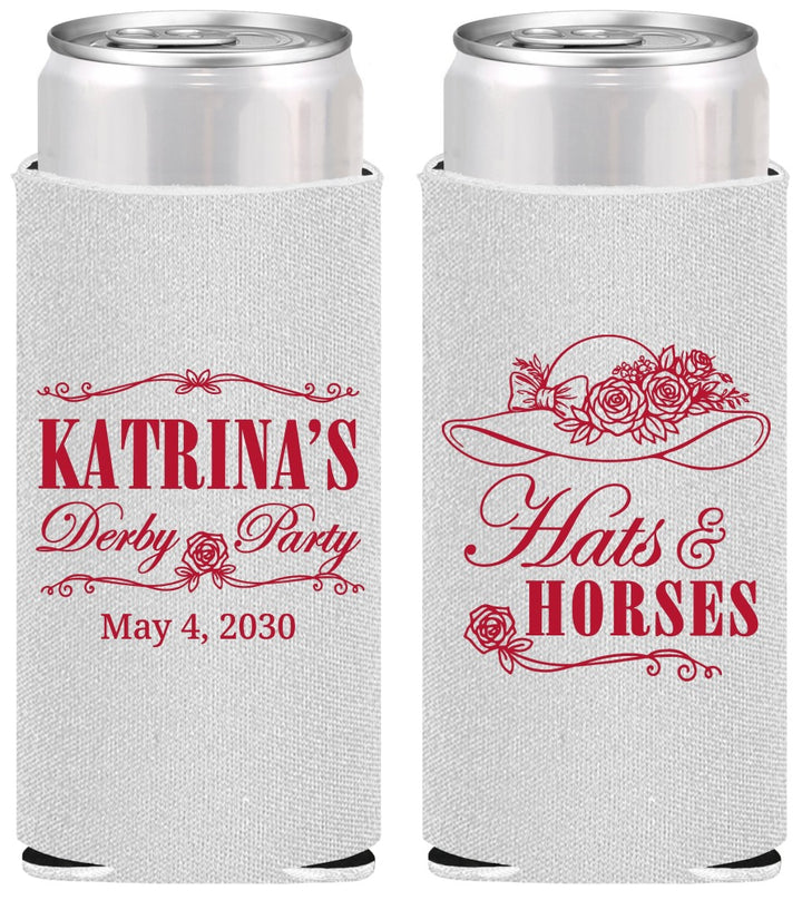 Personalized Derby Day Slim Can Coolers - Hats And Horses | 320005