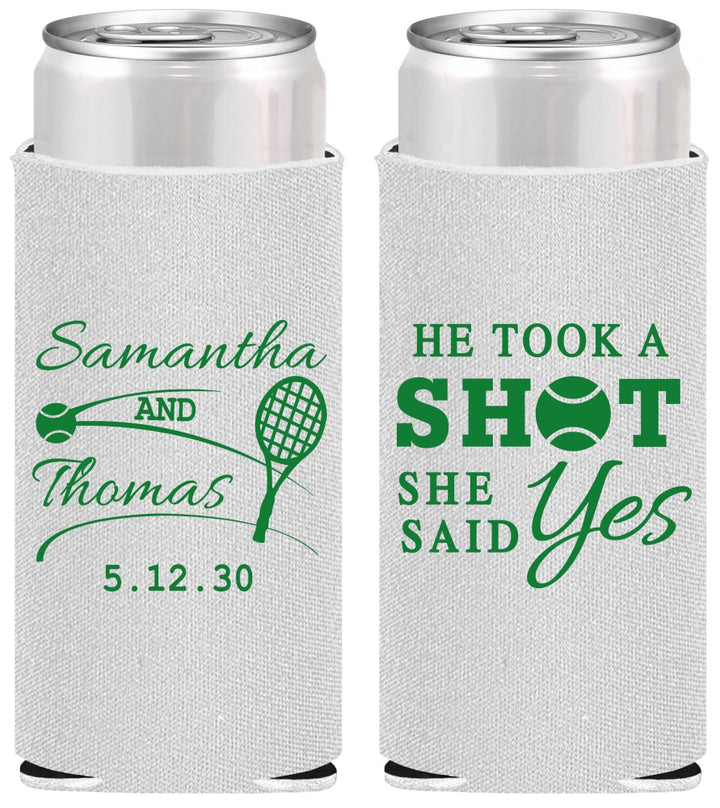 Personalized Wedding Slim Can Coolers - Took A Shot Tennis | 321