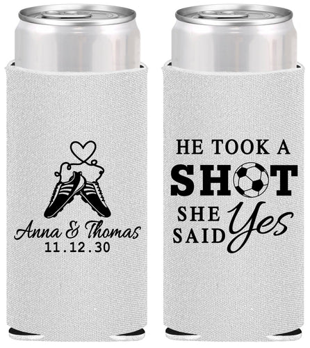 Personalized Wedding Slim Can Coolers - Took A Shot Soccer | 322