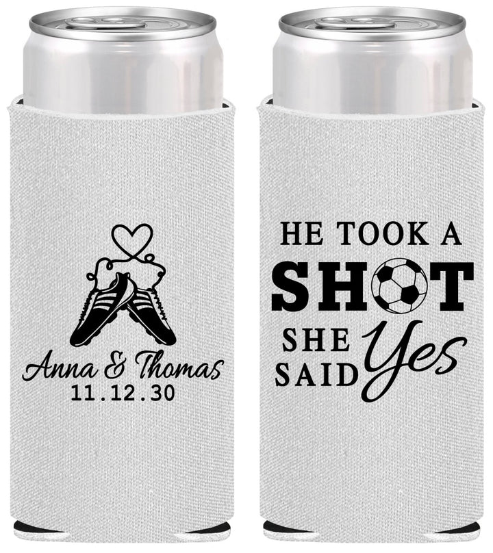 Personalized Wedding Slim Can Coolers - Took A Shot Soccer | 322