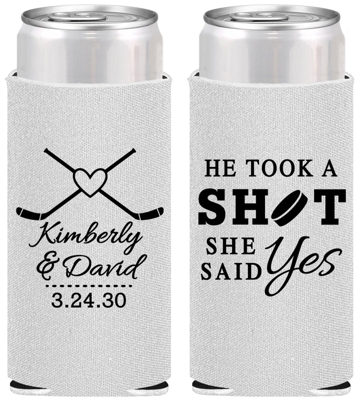 Personalized Wedding Slim Can Coolers - Took A Shot Hockey | 323