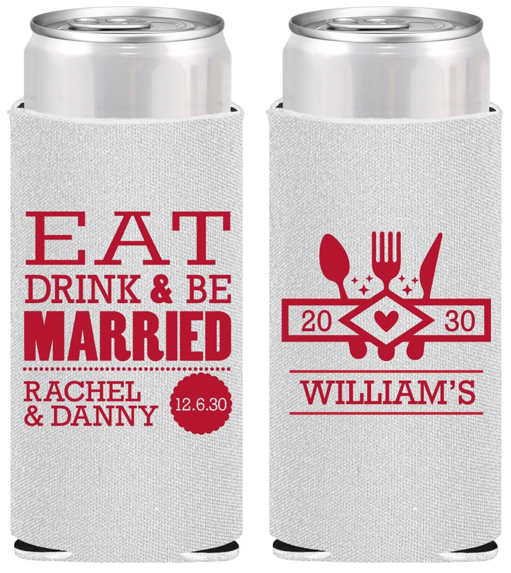 Personalized Wedding Slim Can Coolers - Eat Drink Be Married | 324