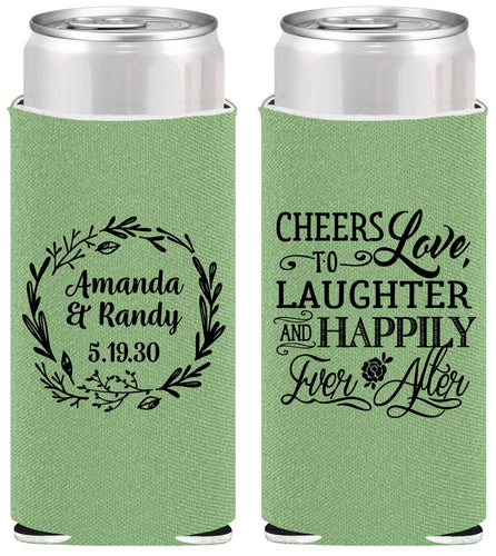 Personalized Wedding Slim Can Coolers - Love Laughter Happily | 326