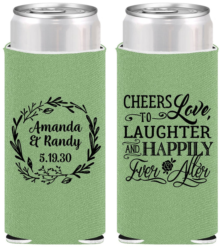 Personalized Wedding Slim Can Coolers - Love Laughter Happily | 326