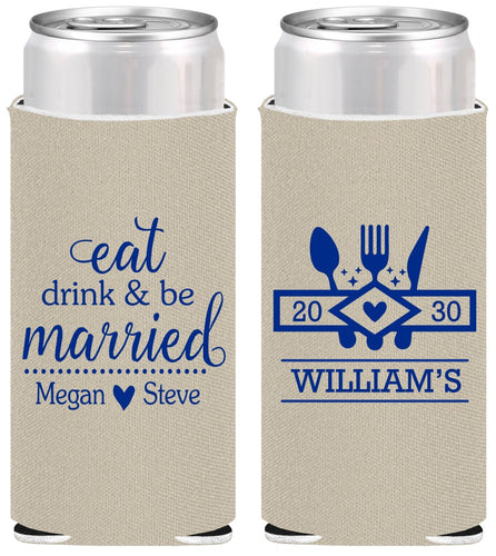 Personalized Wedding Slim Can Coolers - Eat Drink Be Married | 327