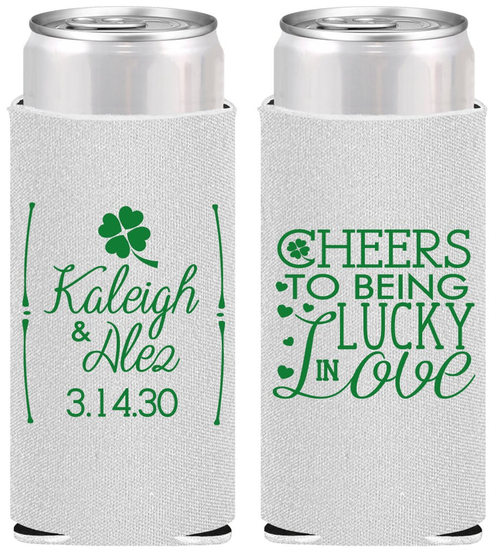 Personalized Wedding Slim Can Coolers - Lucky In Love | 328