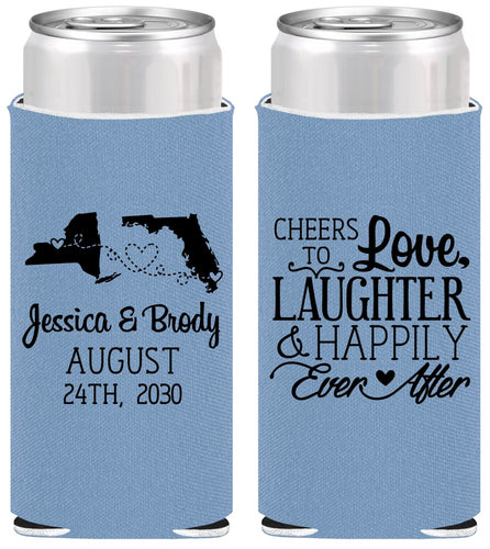 Personalized Wedding Slim Can Coolers - Love Laughter Happily | 329