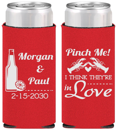Personalized Wedding Slim Can Coolers - Crawfish Boil Pinch Me | 337