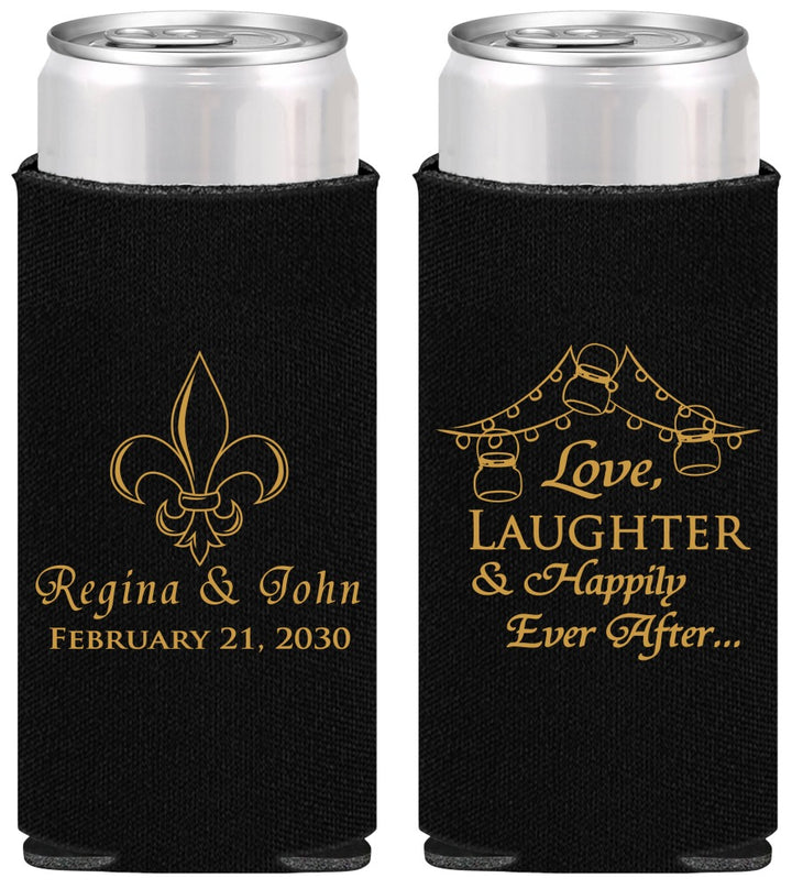 Personalized Wedding Slim Can Coolers - Love Laughter Happily | 338