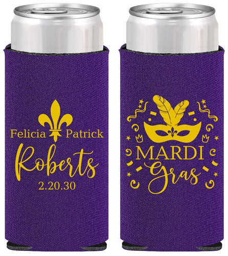 Personalized Wedding Slim Can Coolers - Mardi Gras | 339