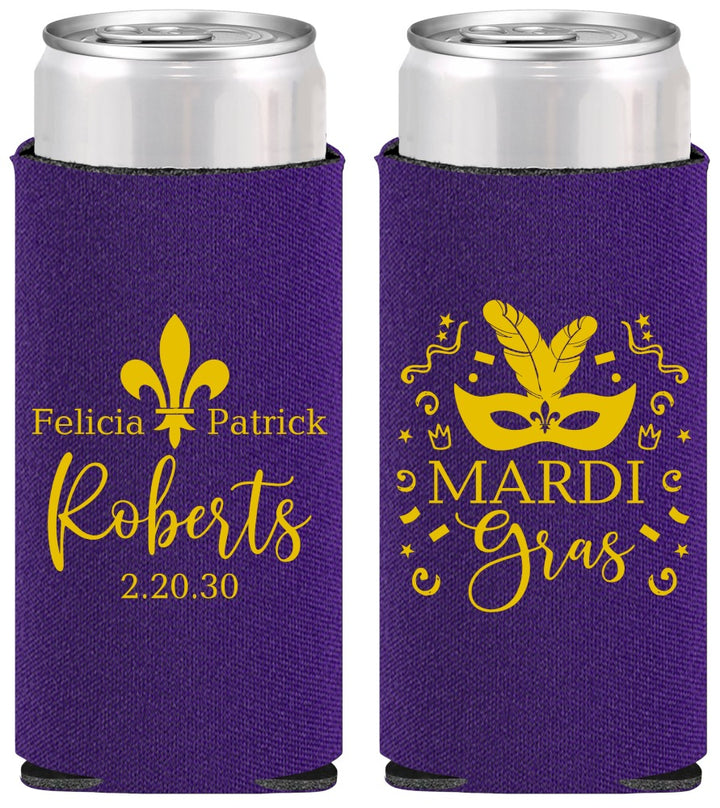 Personalized Wedding Slim Can Coolers - Mardi Gras | 339