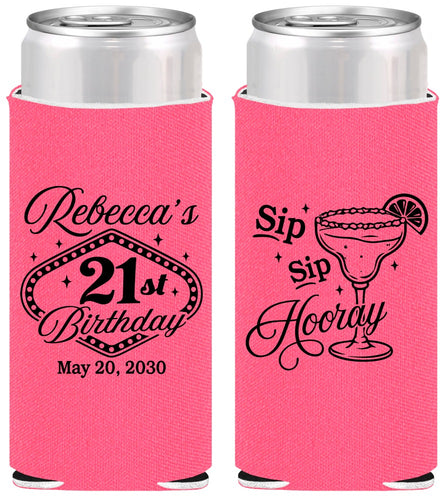 Personalized 21st Birthday Slim Can Coolers - Sip Sip Hooray Vegas | 340006